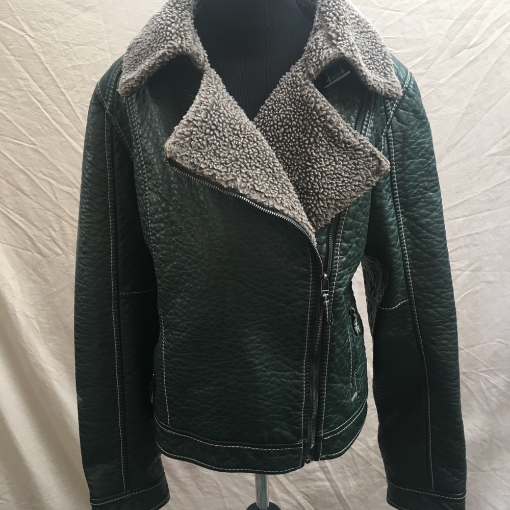 Green Leather Winter Coat with Fur Trim
